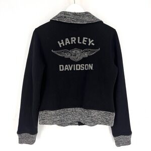 Harley Davidson Women's Medium Black Logo Jacket Moto Biker Snap Front Knit Trim